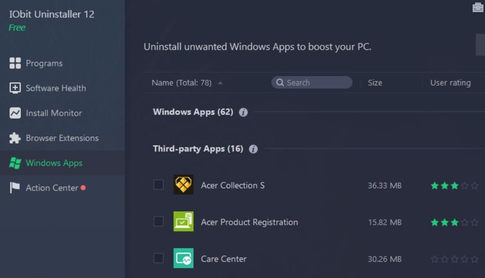 Вкладка Windows Apps в IObit Uninstaller