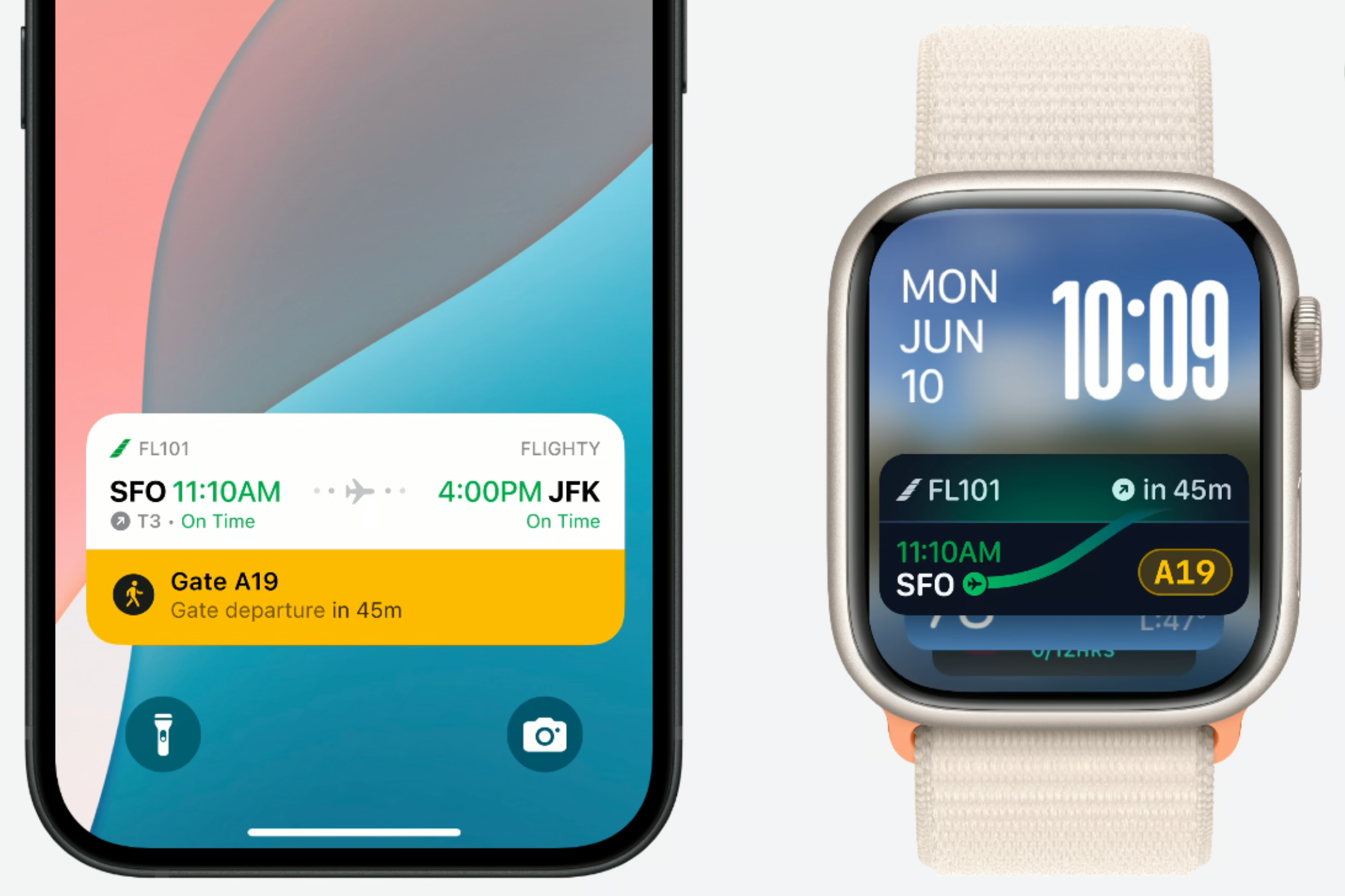 Изображение показывающее виджет Live Activities на iPhone и Apple Watch.