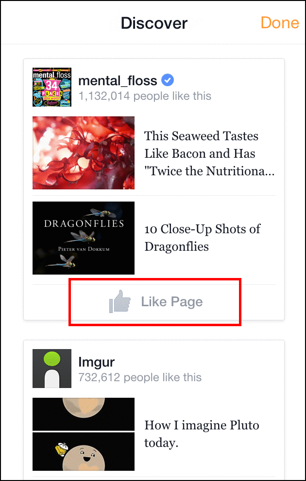 Анимация рекомендаций страниц в разделе Discover