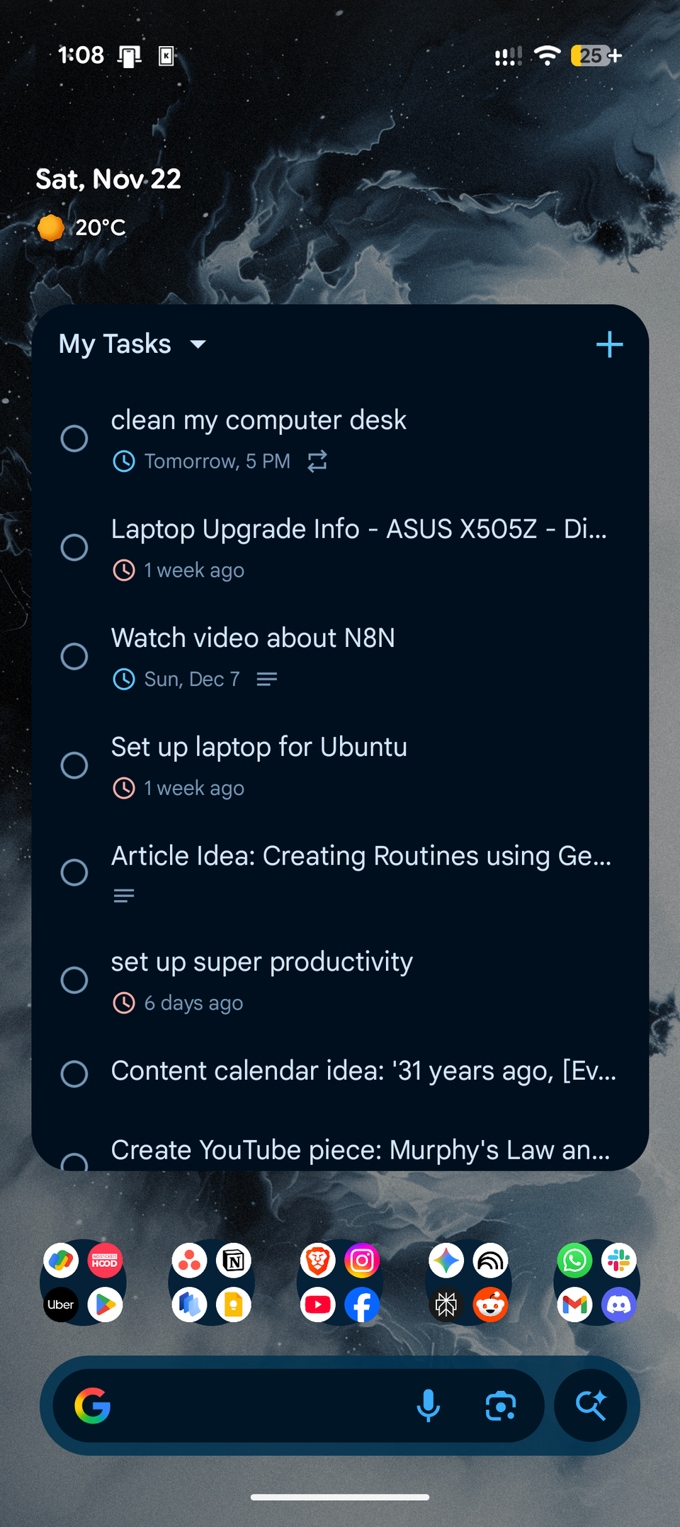 Pixel 10 homescreen with the Tasks widget taking up the entire space.