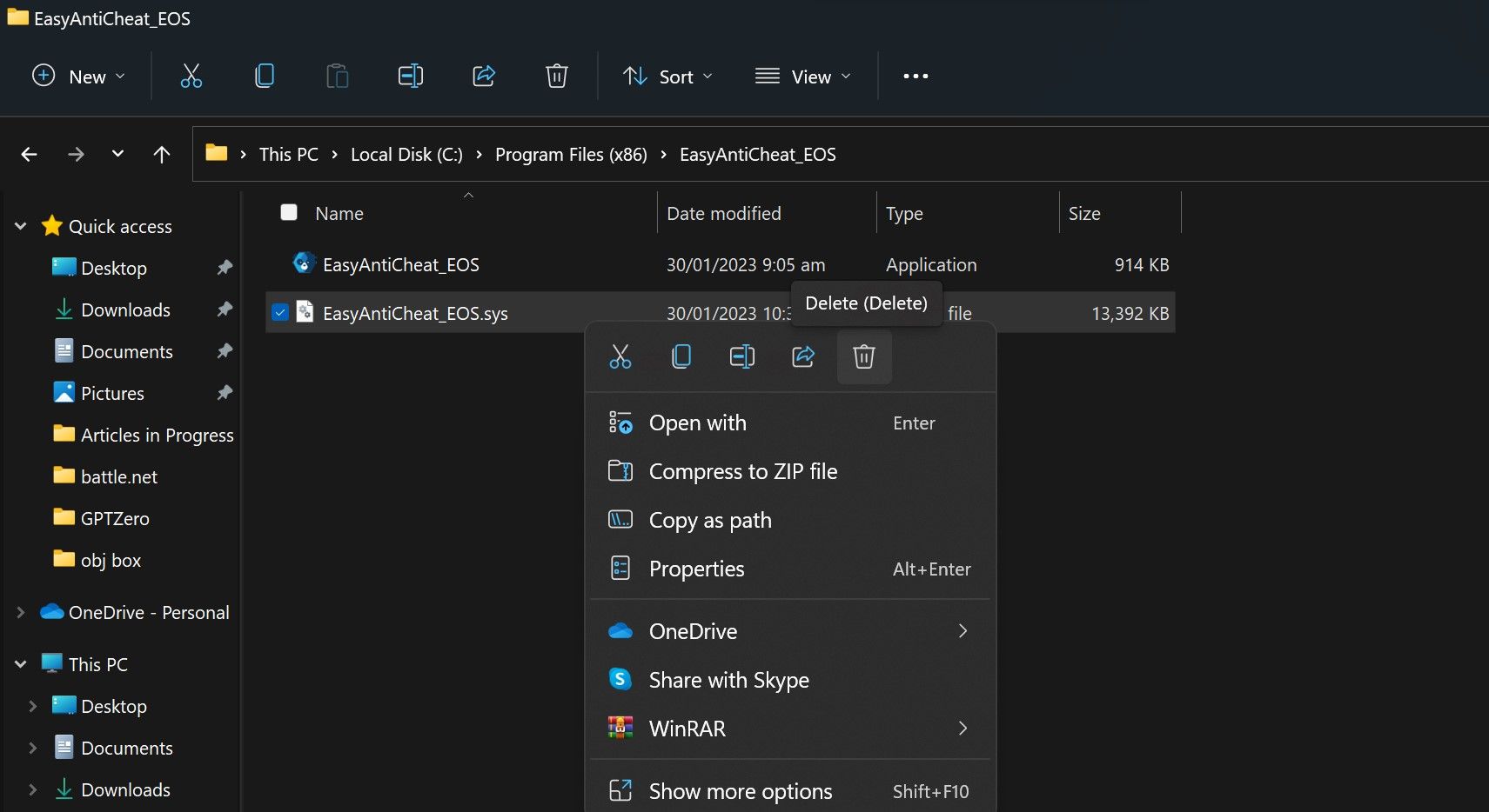 Удаление файла EasyAntiCheat.Sys в проводнике Windows