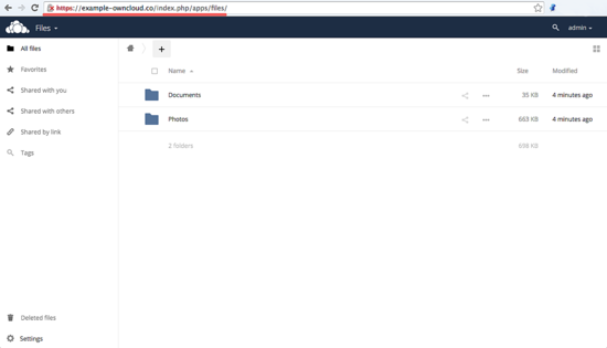 Главная страница файлового менеджера ownCloud