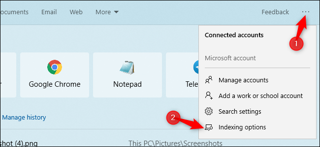 Скриншот: настройки индексации в Windows 10