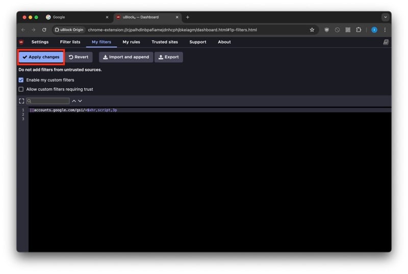Добавление фильтра в uBlock Origin для блокировки подсказки входа через Google