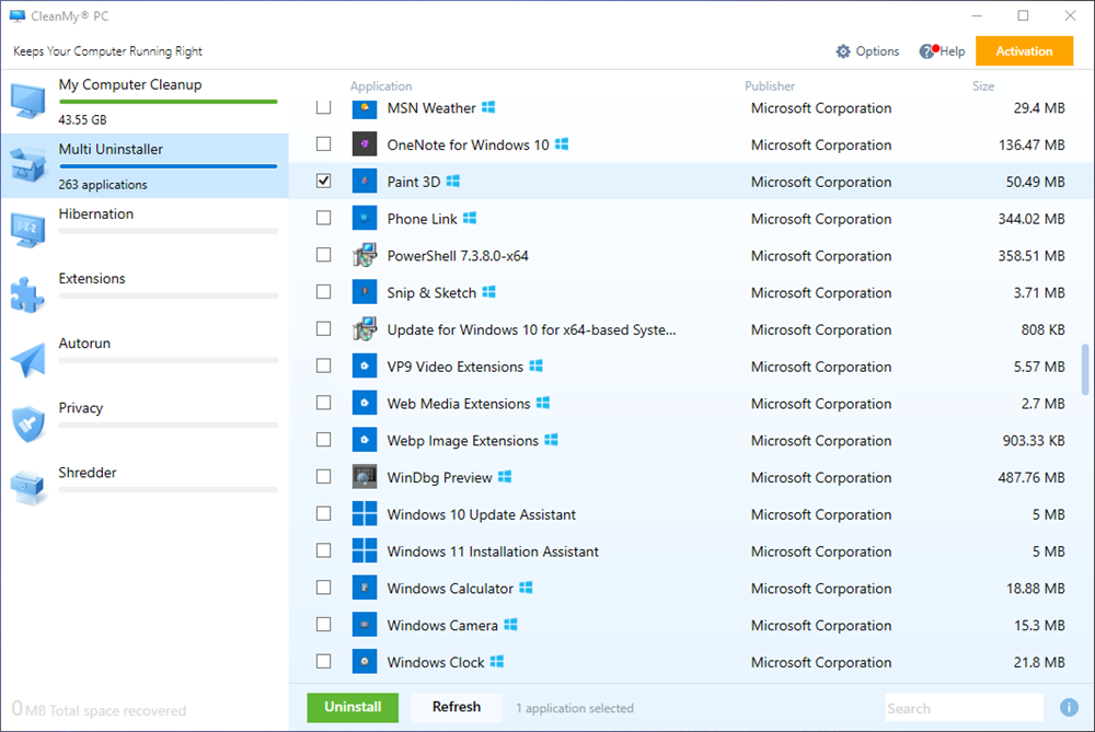 Интерфейс CleanMyPC с вкладкой деинсталлятора и списком приложений