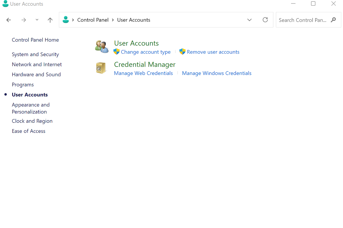 Меню учётных записей в Панели управления