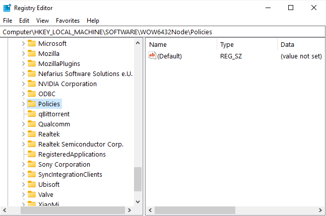 Подключ Policies в редакторе реестра