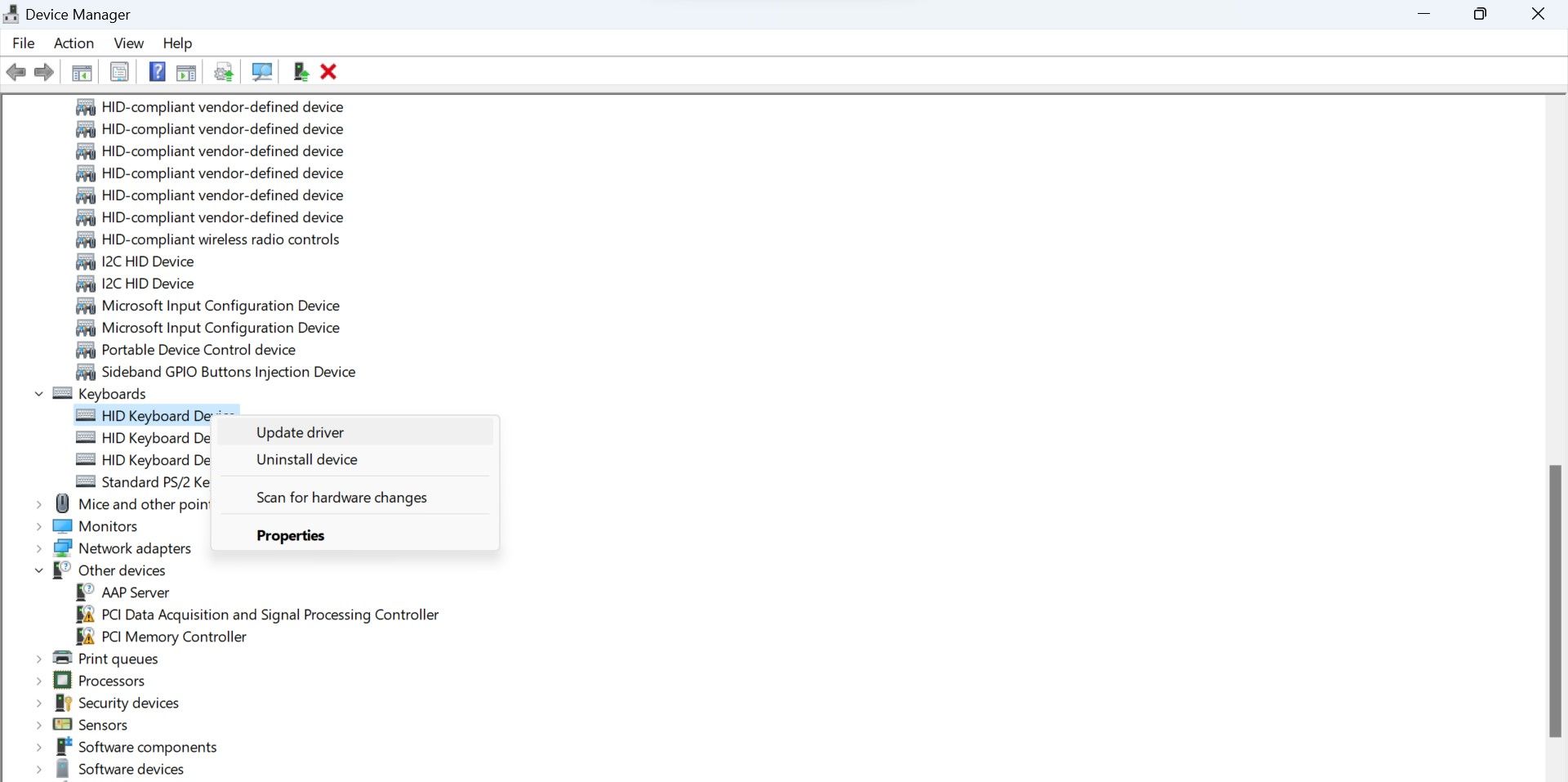 Обновление драйвера клавиатуры в Диспетчере устройств