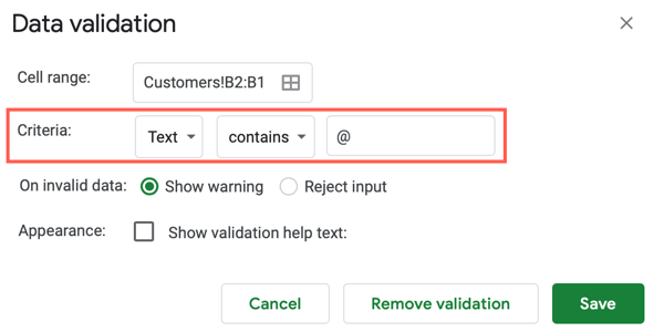 Введите критерии Проверки данных