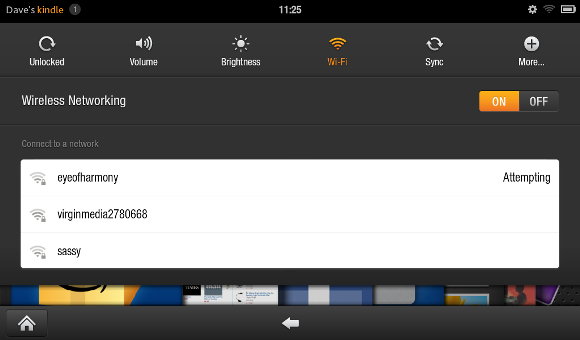 Меню Wi‑Fi на Kindle Fire