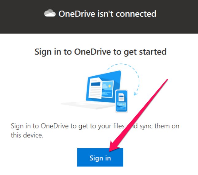 Окно OneDrive с просьбой войти в учётную запись