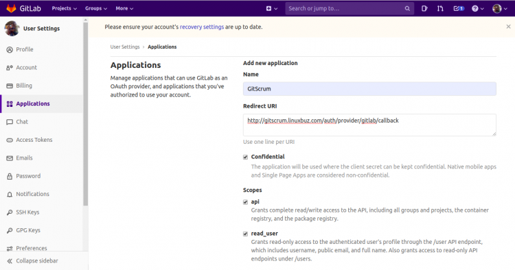 Создание приложения в GitLab
