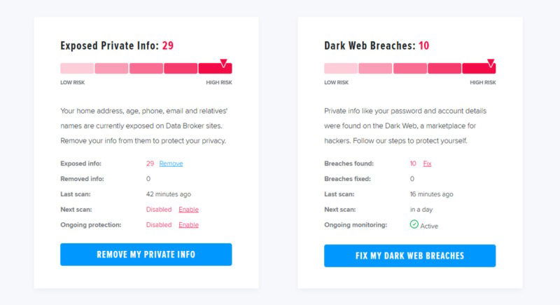 HelloPrivacy 스캔 결과가 29개의 프로필을 보여주는 이미지