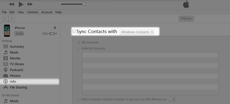 Параметры синхронизации контактов в iTunes — выбор Outlook