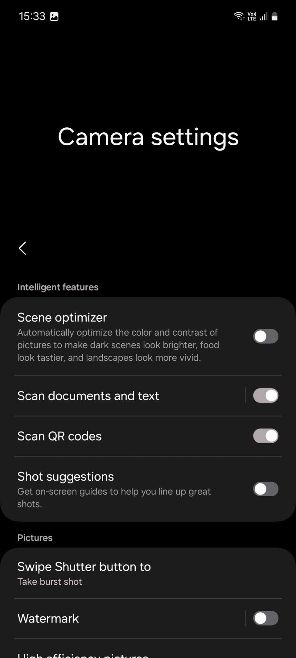 Меню настроек камеры Samsung.