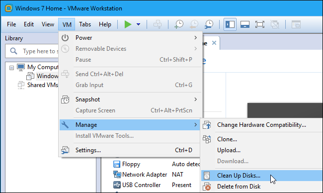 Команда Clean Up Disks в меню VMware Workstation
