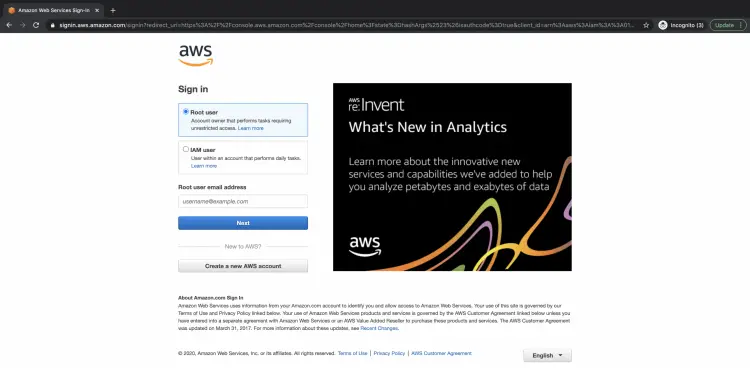 Страница входа AWS
