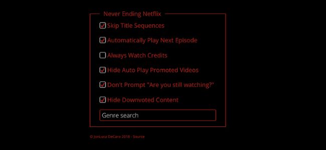 Интерфейс расширения Never Ending Netflix в Chrome