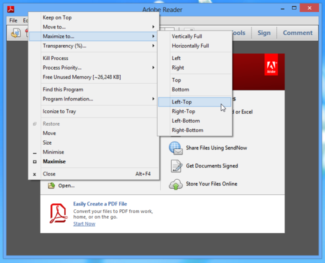 Опции перемещения и развёртки окна по экрану