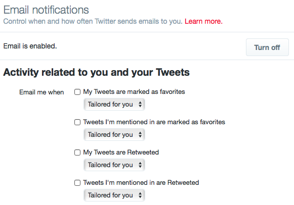 Отключение уведомлений по электронной почте