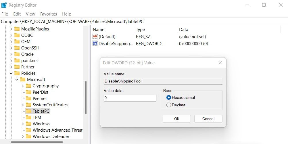 Возврат значения DisableSnippingTool в реестре