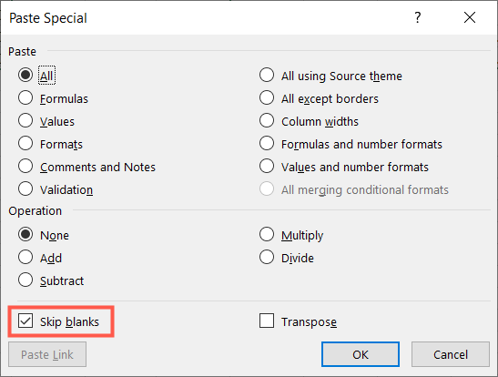Окно «Специальная вставка»: установите флажок «Пропустить пустые»