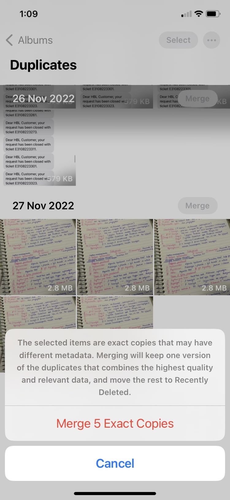 Подтверждение «Объединить точные копии»