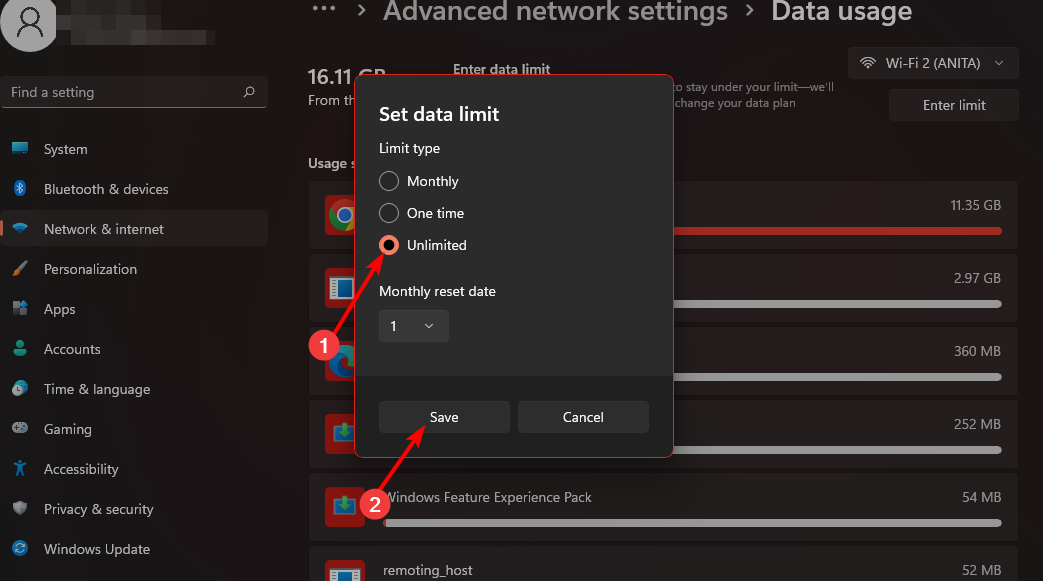 Установка неограниченного использования данных — флажок Unlimited