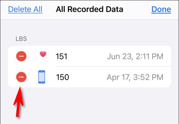 Нажмите красный минус, чтобы удалить запись веса