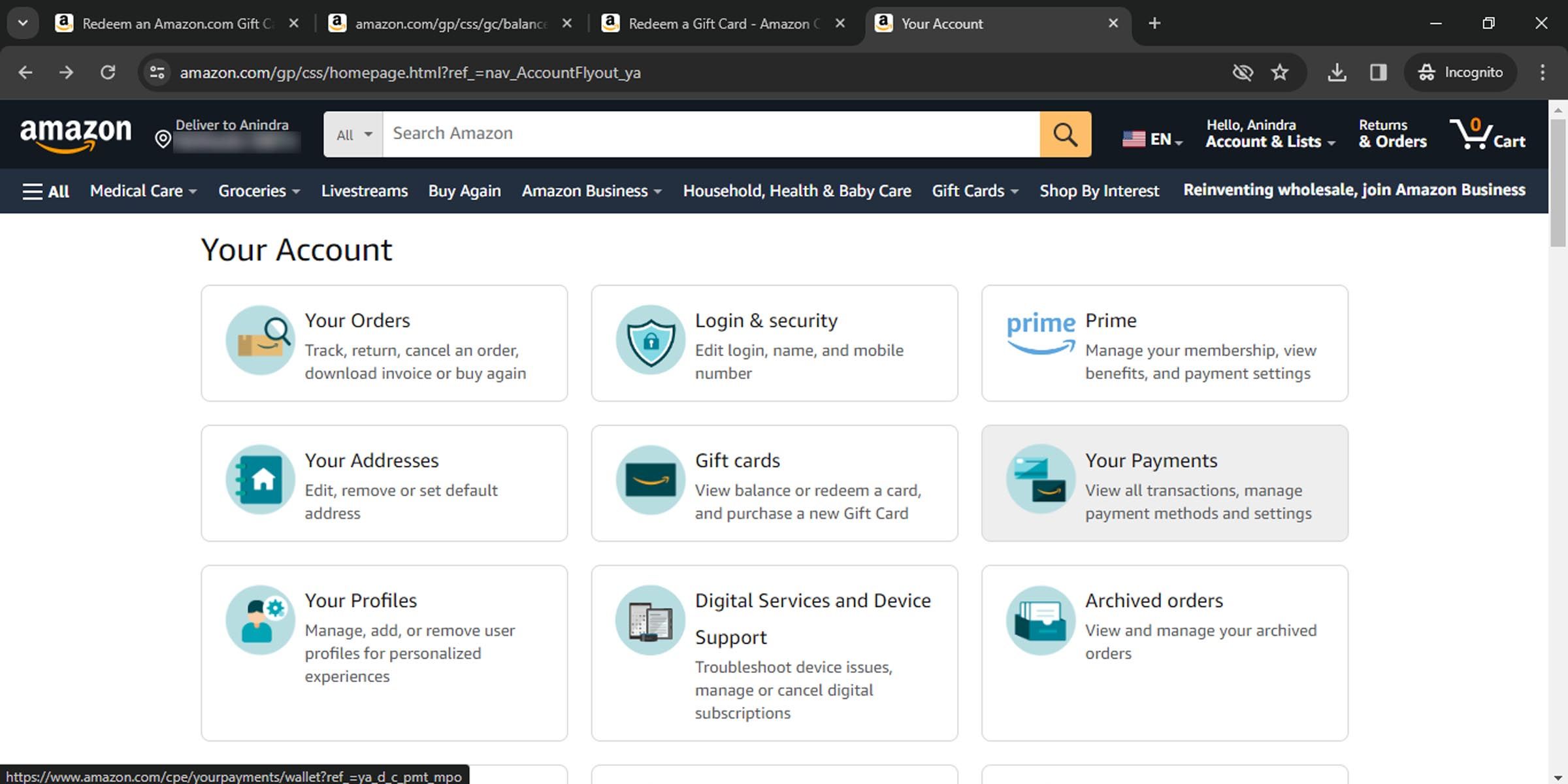 Редактирование способов оплаты в настройках Amazon