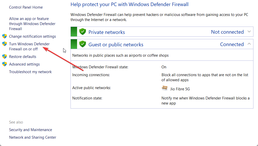 Параметр включения или отключения брандмауэра Windows