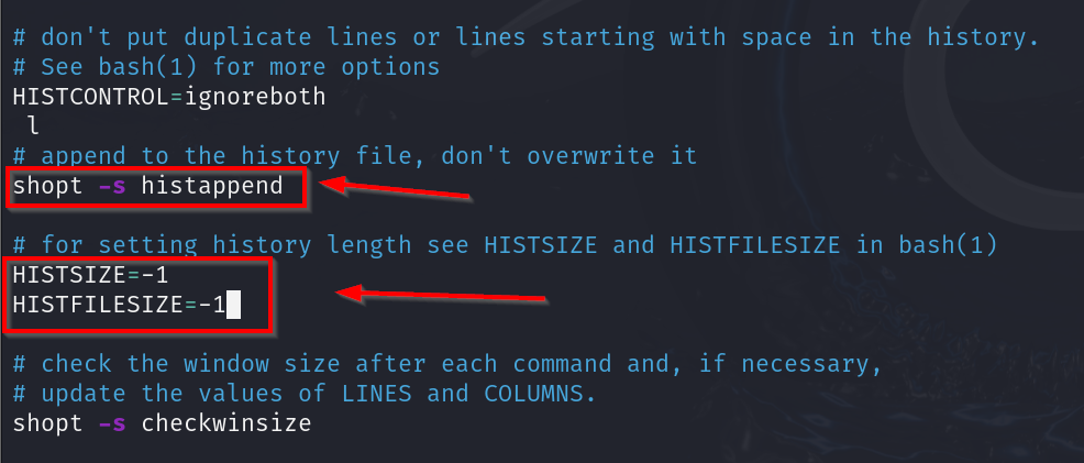 Редактирование размера истории в файле bashrc.