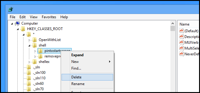 Удаление ключа pintostartscreen в Редакторе реестра