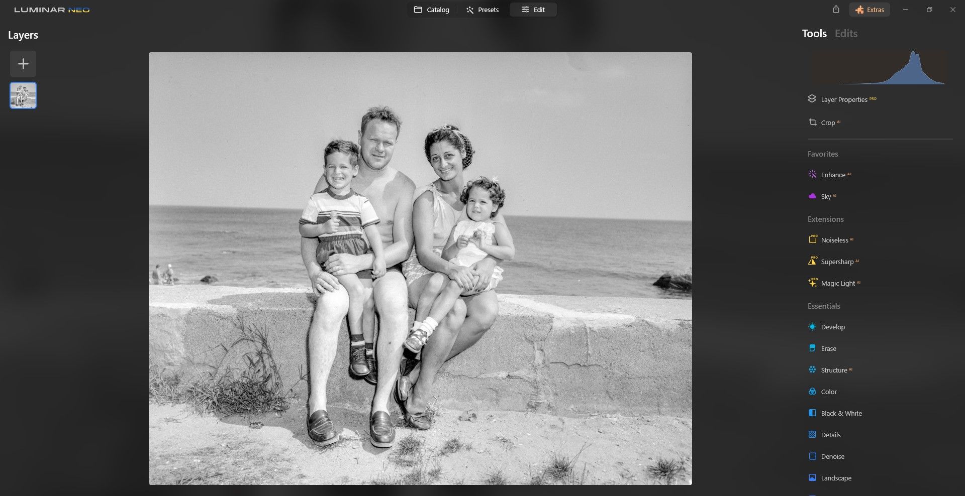 Вкладка «Редактирование» в Luminar Neo