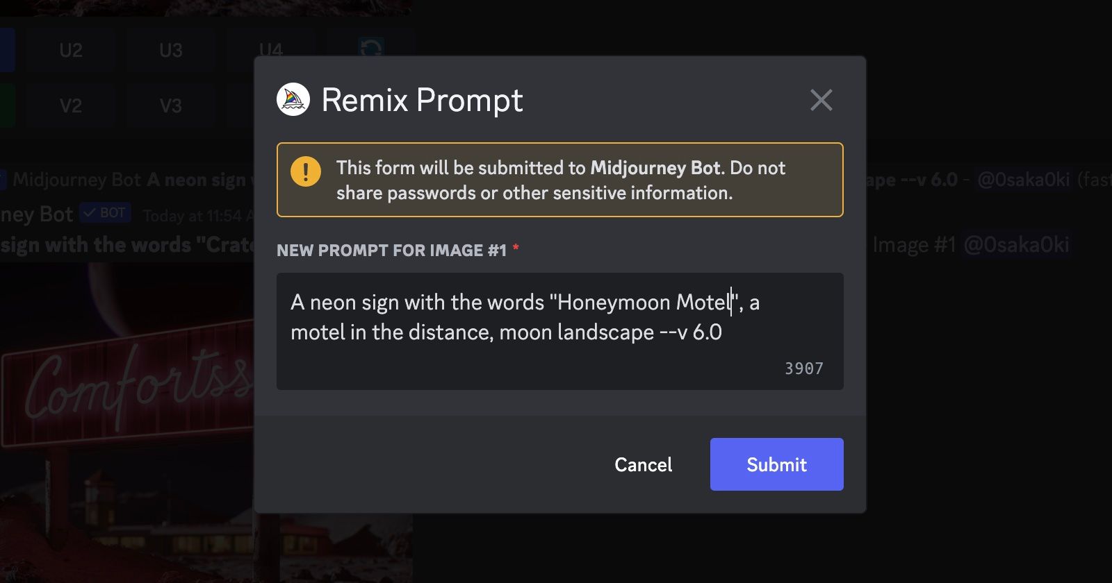 Диалоговое окно Remix в Midjourney