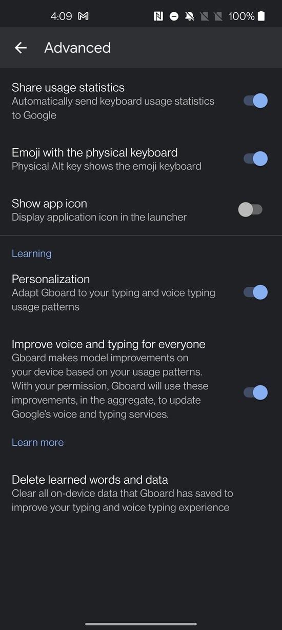 Опция Удалить изученные слова и данные в Gboard