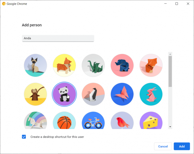 Окно создания нового профиля с выбором имени и иконки