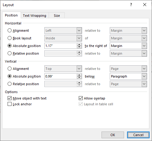 Диалог точного позиционирования изображения в Word