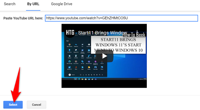 Вставьте ссылку на YouTube и нажмите «Выбрать».