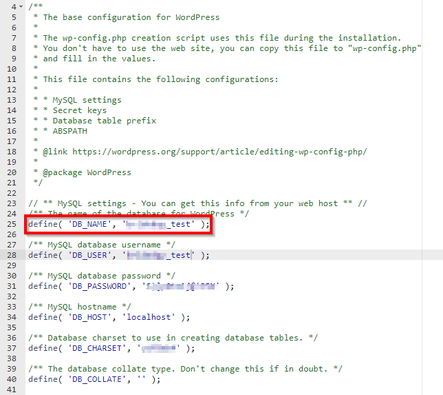 Редактирование wp-config.php, изменение имени базы данных