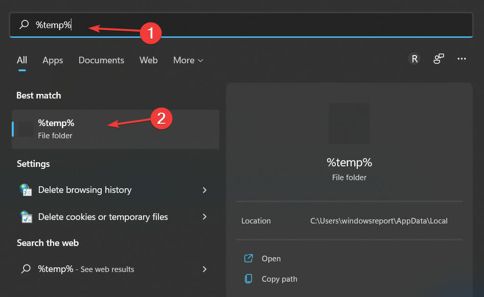Открытие папки %temp% в Проводнике Windows