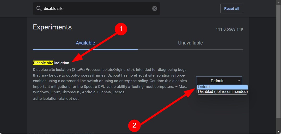 Impostazione Disable site isolation su Default