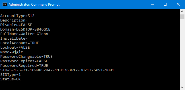 Фрагмент полного вывода wmic useraccount list full с деталями одной учётной записи