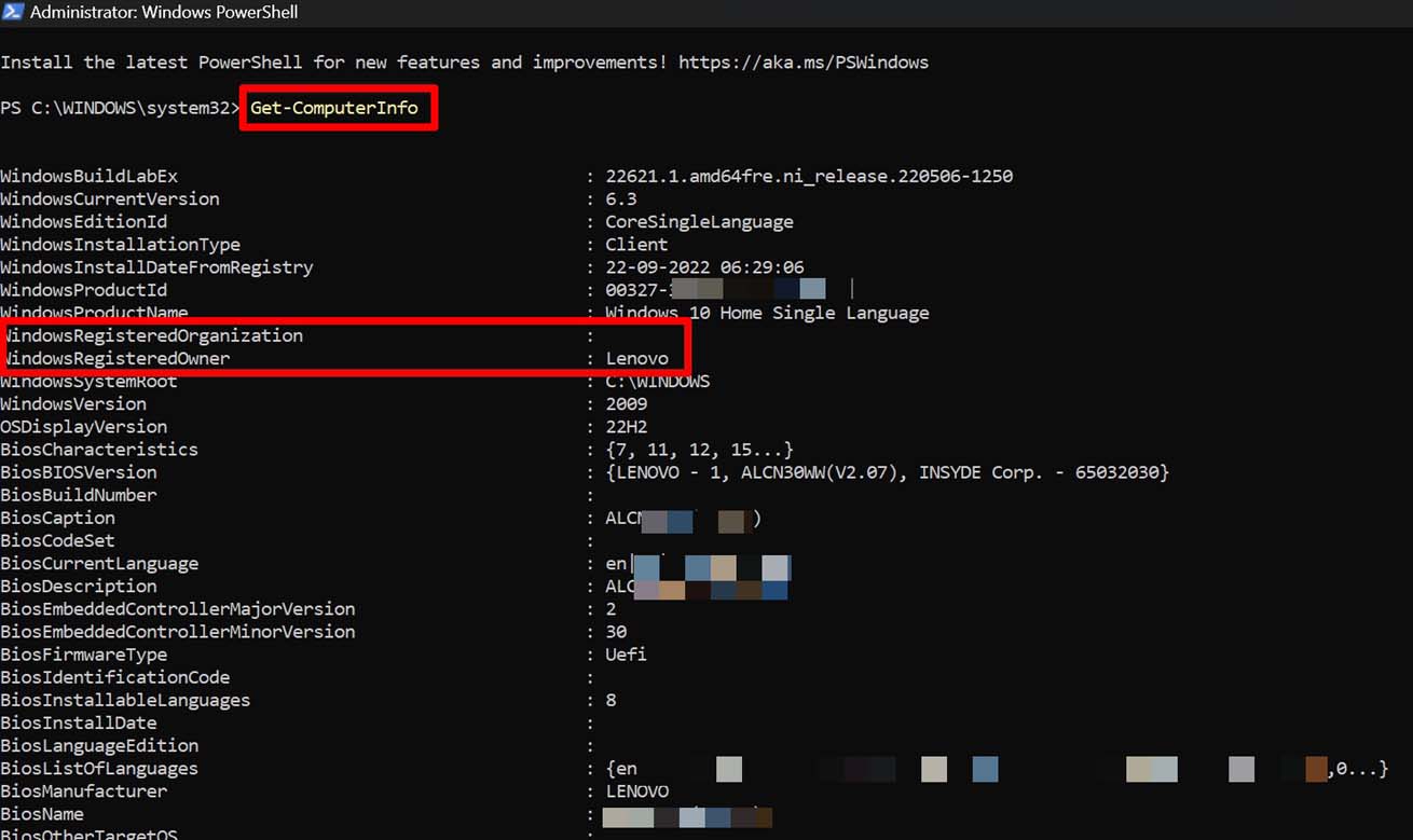 Скриншот: PowerShell показывает поля RegisteredOwner и RegisteredOrganization