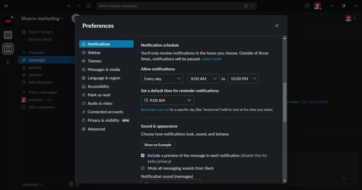 Скриншот Slack: расписание уведомлений