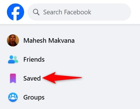 Пункт Сохранённое в левой колонке сайта Facebook