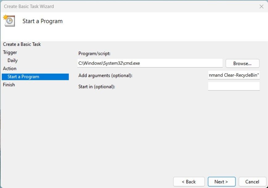 Указание программы и аргументов в мастере