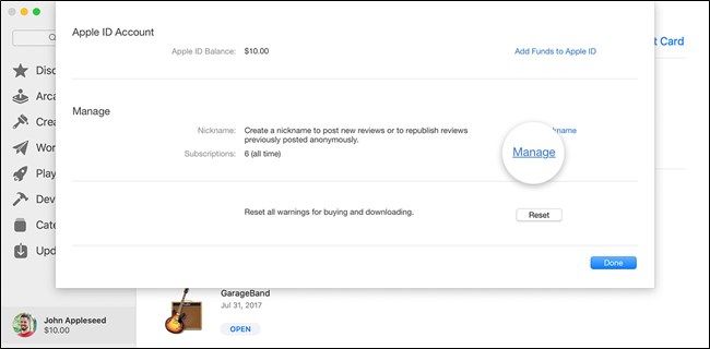 Изображение: управление подписками в App Store на macOS