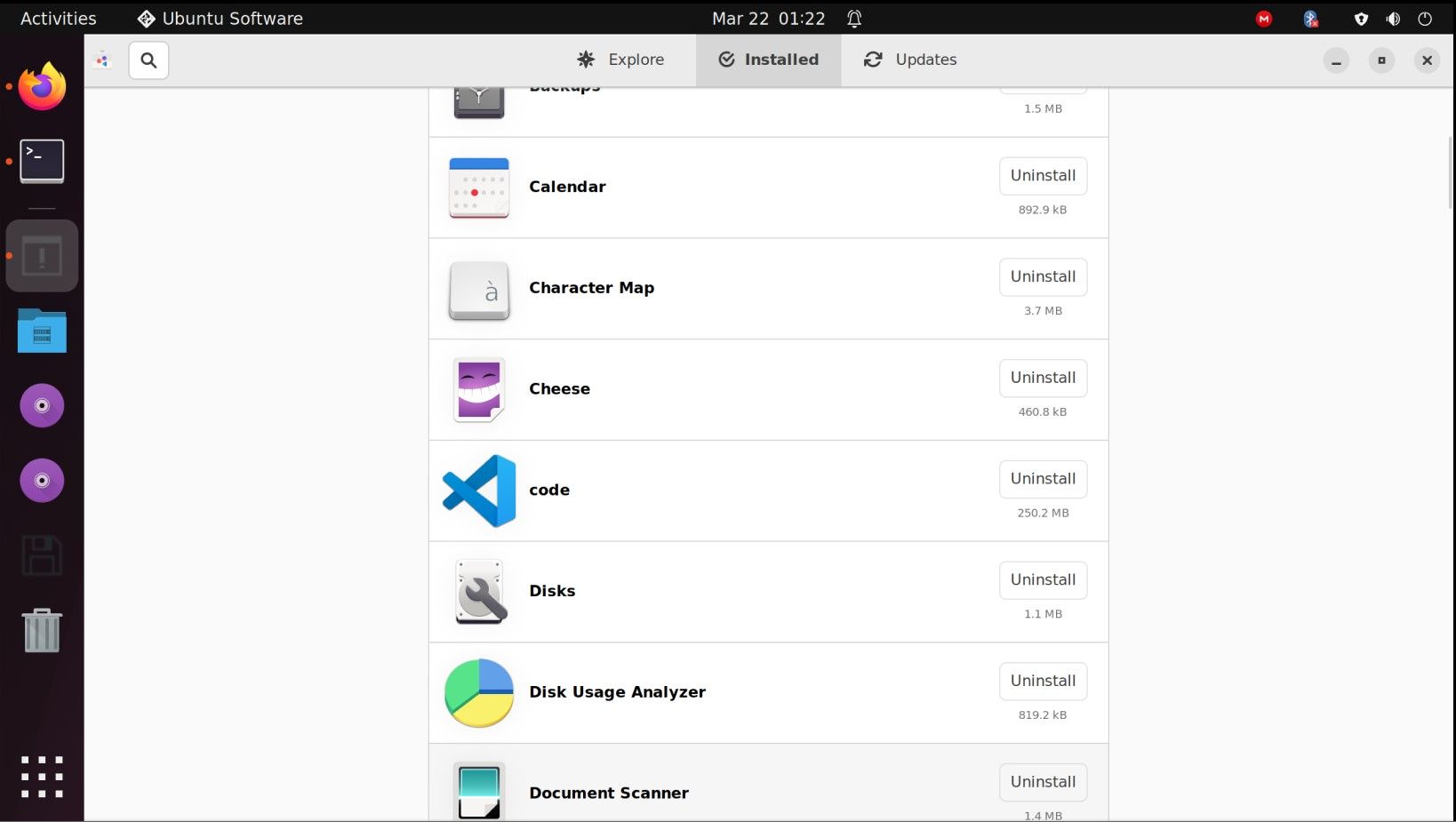 Окно Центра приложений Ubuntu с кнопками удаления