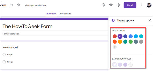 Панель выбора фона и цвета темы в Google Forms